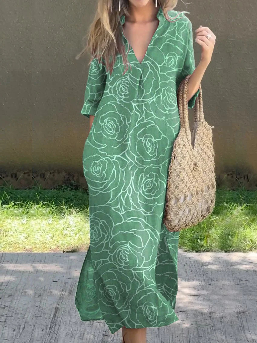 Women's Casual V-Neck Slit Printed Linen-Look Midi Dress