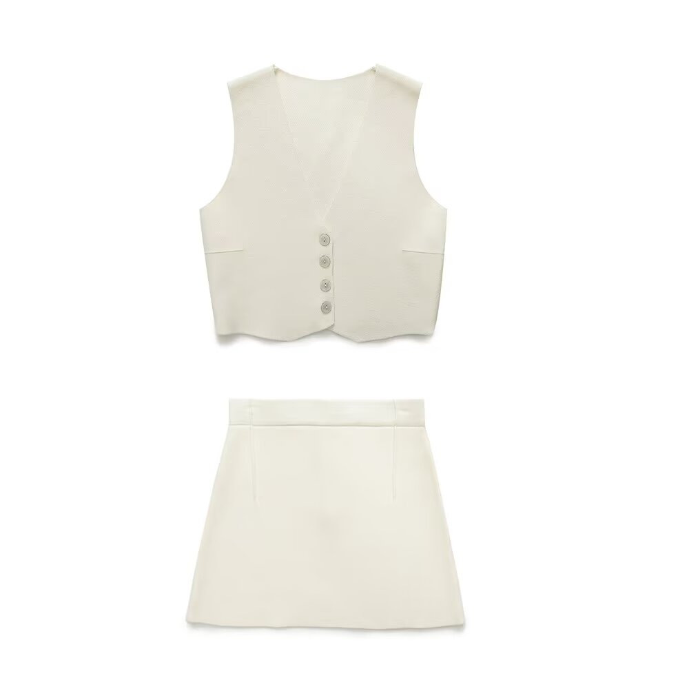 Sleeveless Knit Vest and Midi Skirt Set with Embroidery