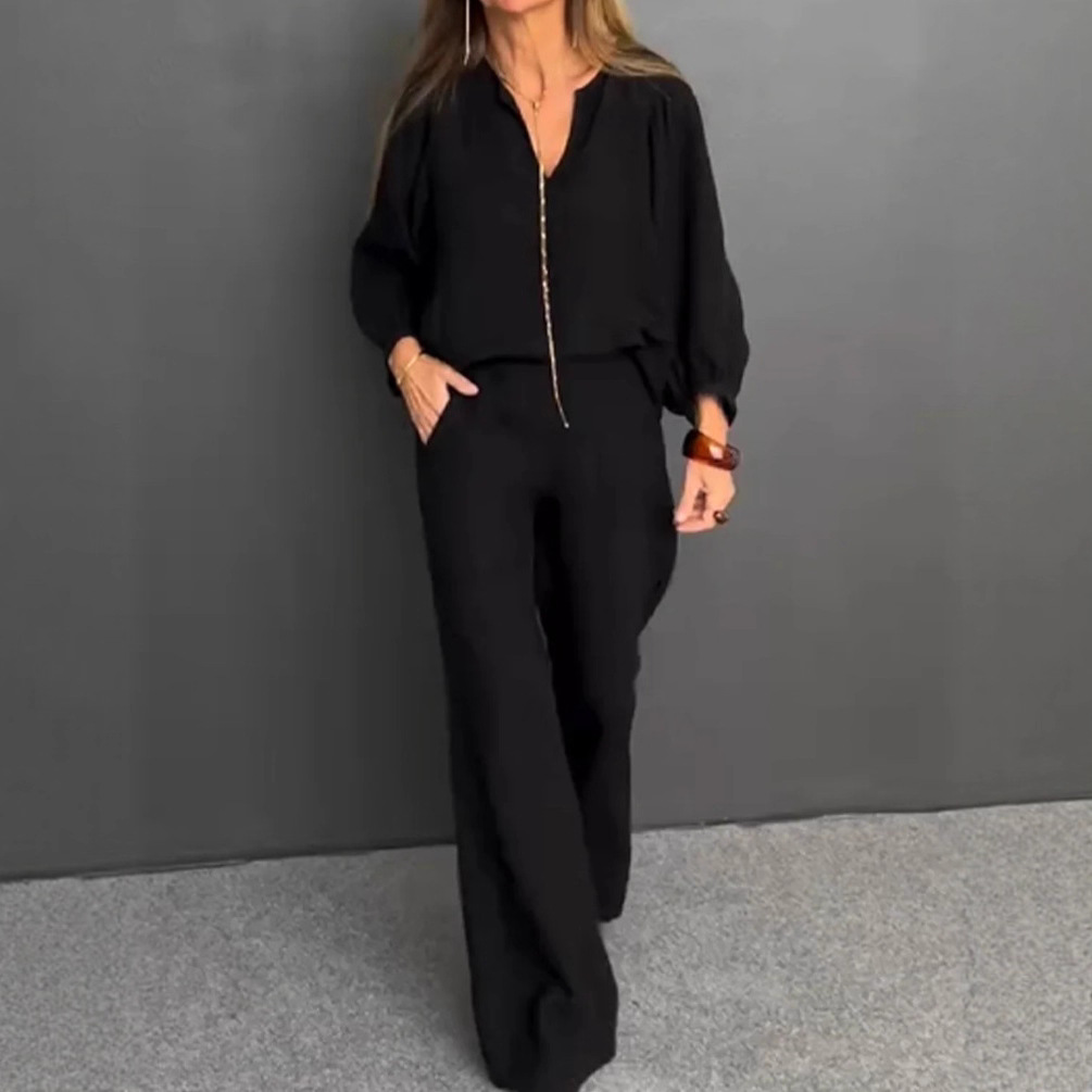 Women's Cotton-Linen V-Neck Long-Sleeve Top & Straight-Leg Pants Set