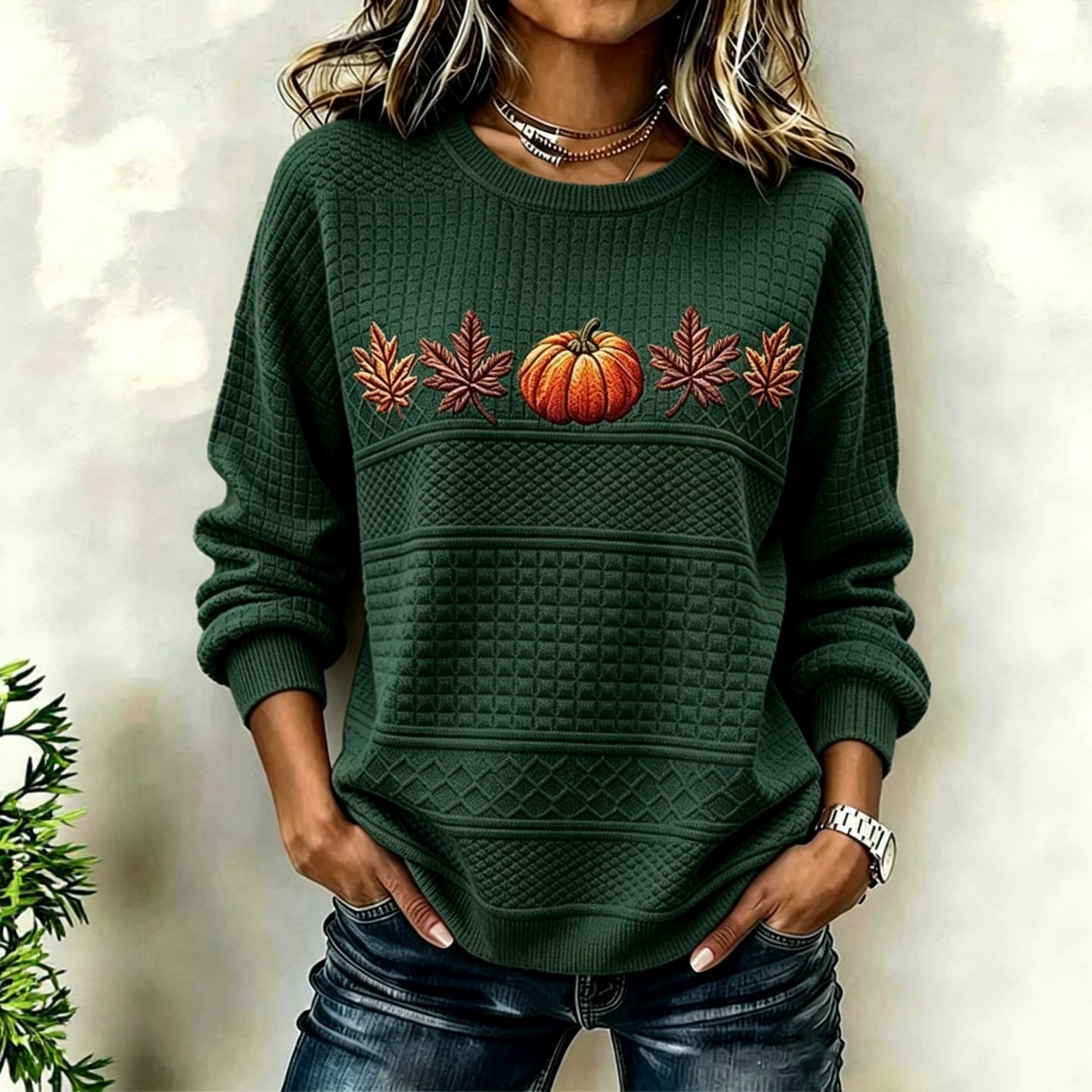 Pumpkin Maple Leaf Waffle Print Crewneck Long-Sleeve Women's Sweatshirt