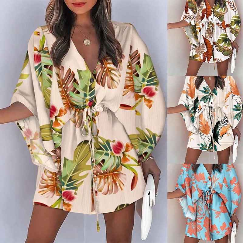 Women's Summer V-Neck Tie-Front Floral Print Patchwork Beach Dress