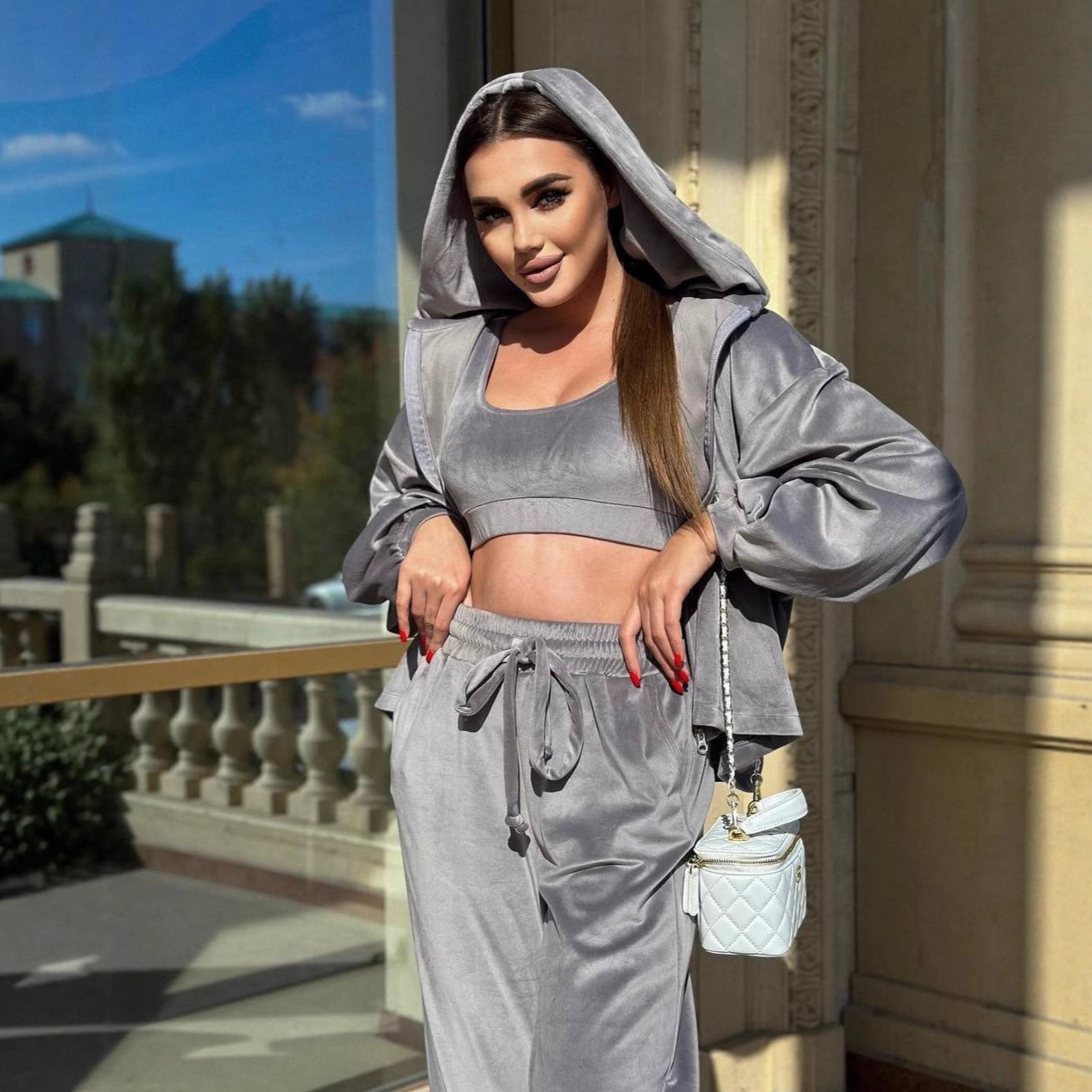 Women's Velvet Hooded Top and Pants Set Solid Color Casual Three-Piece