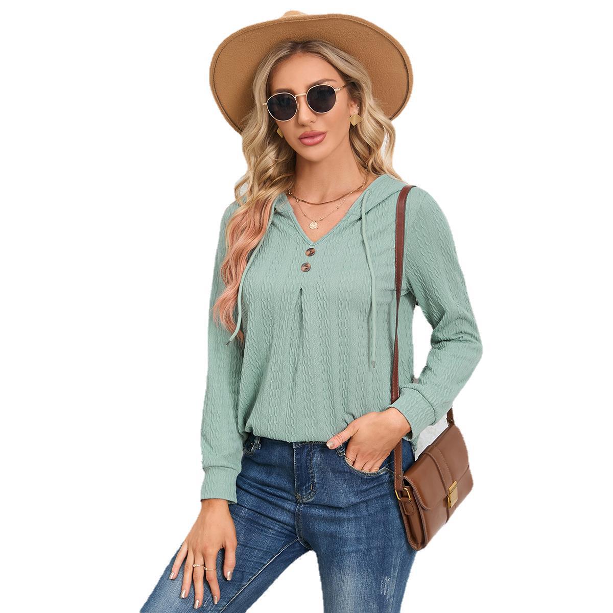 V-Neck Loose Long-Sleeve Hooded Sweatshirt for Women