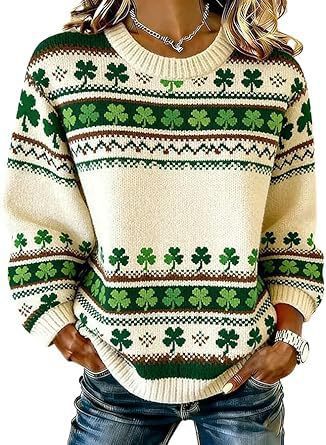 Women's Clover Print Crewneck Sweatshirt Casual Pullover