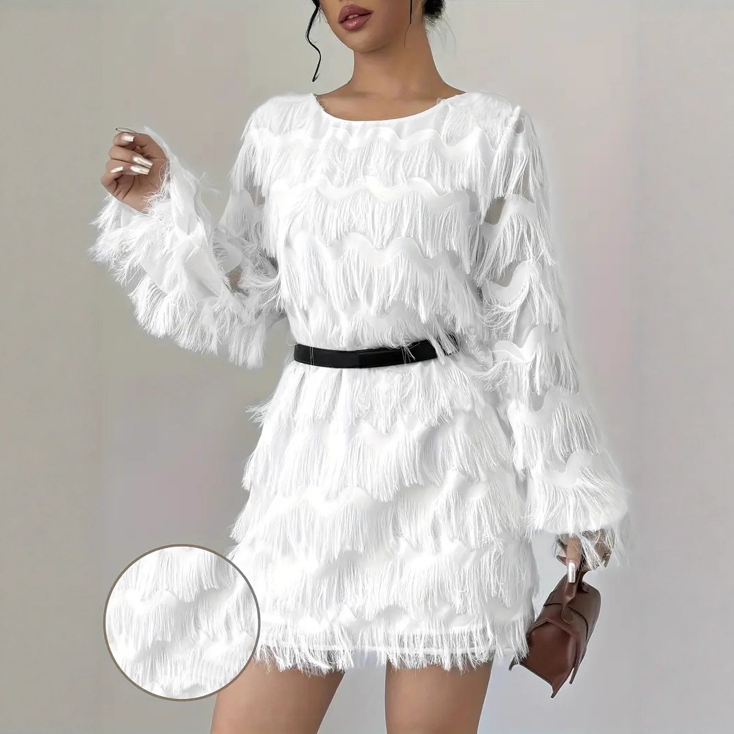 Elegant White Long Sleeve A-Line Party Dress with Lantern Sleeves