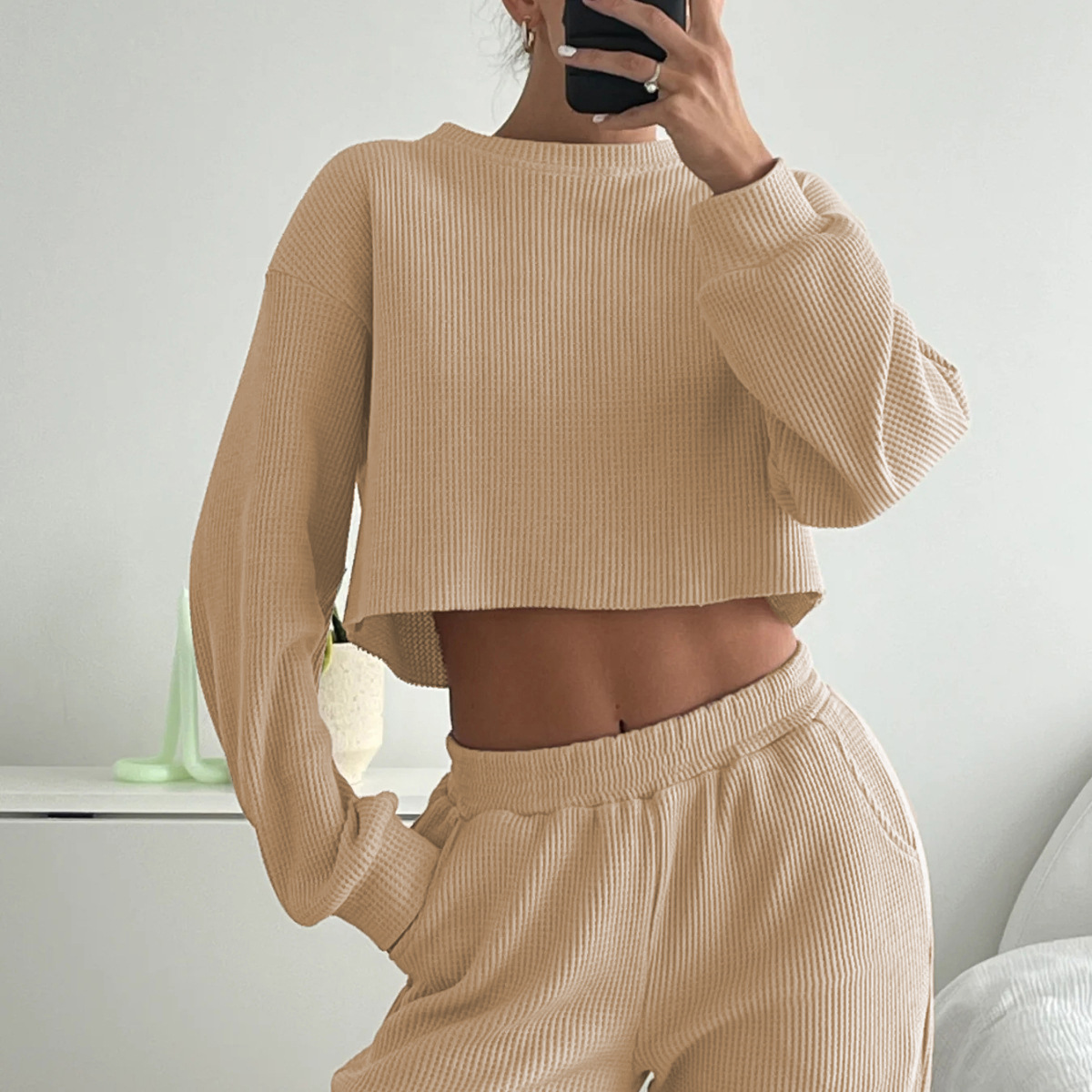Women's Casual Waffle Knit Two-Piece Sweatsuit Set Long Sleeve