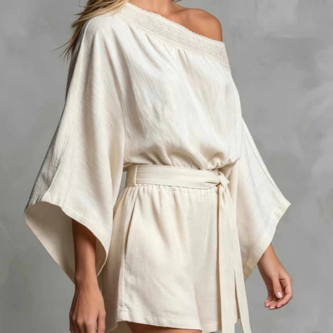 Solid One-Shoulder Long-Sleeve Top and Shorts Two-Piece Set