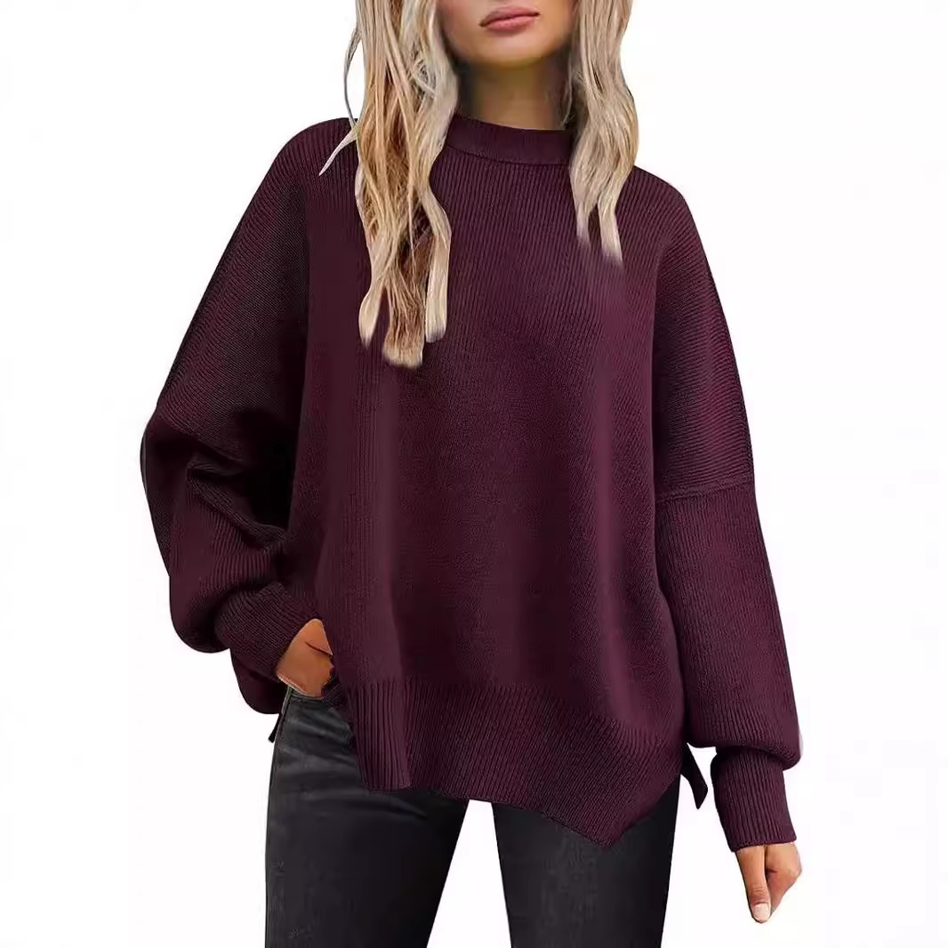 Women's Crewneck Batwing Sleeve Side Slit Loose Knit Sweater