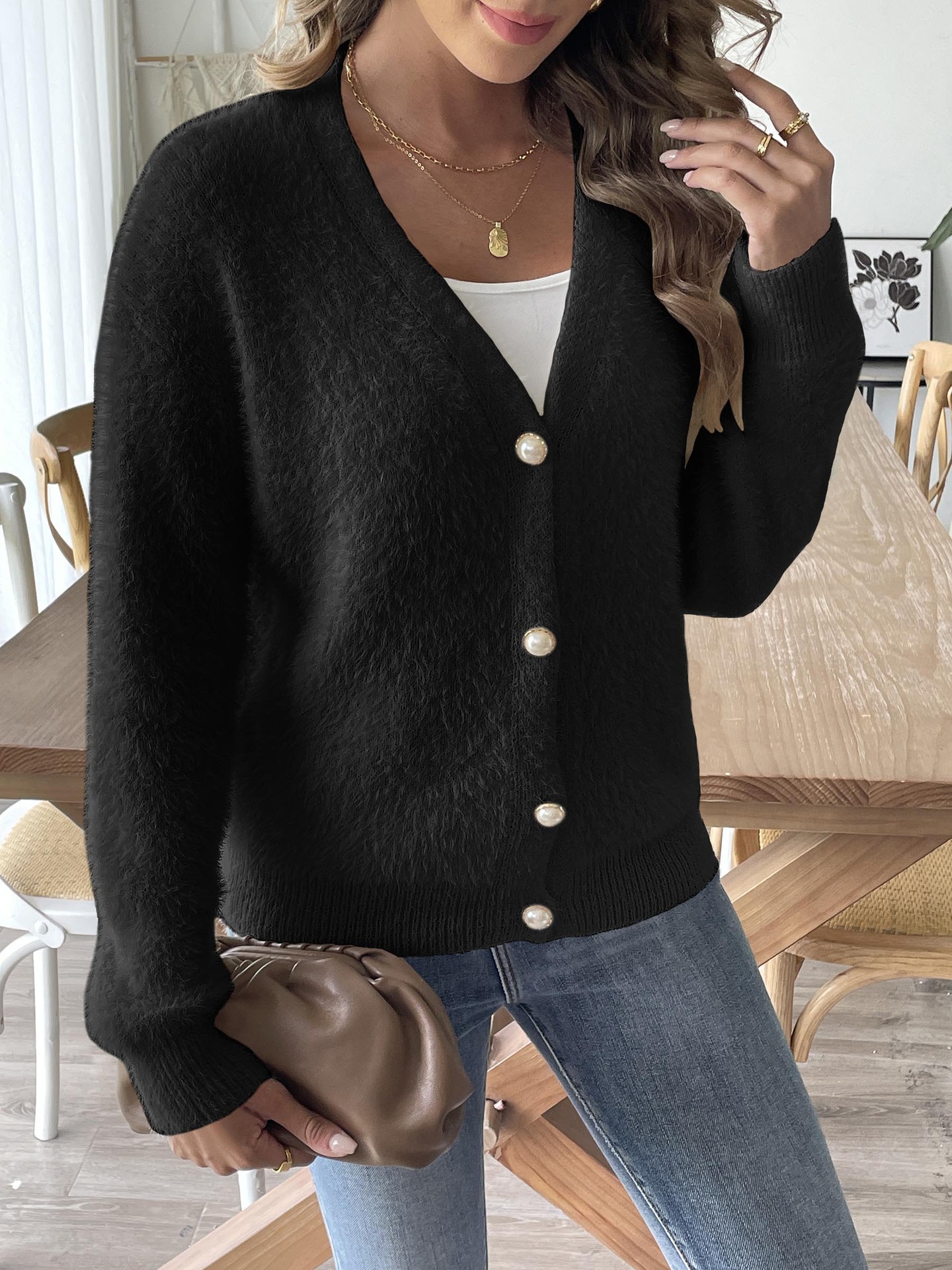Women's Faux Mink Knit Long-Sleeve Button-Front Cardigan with Pearl Buttons