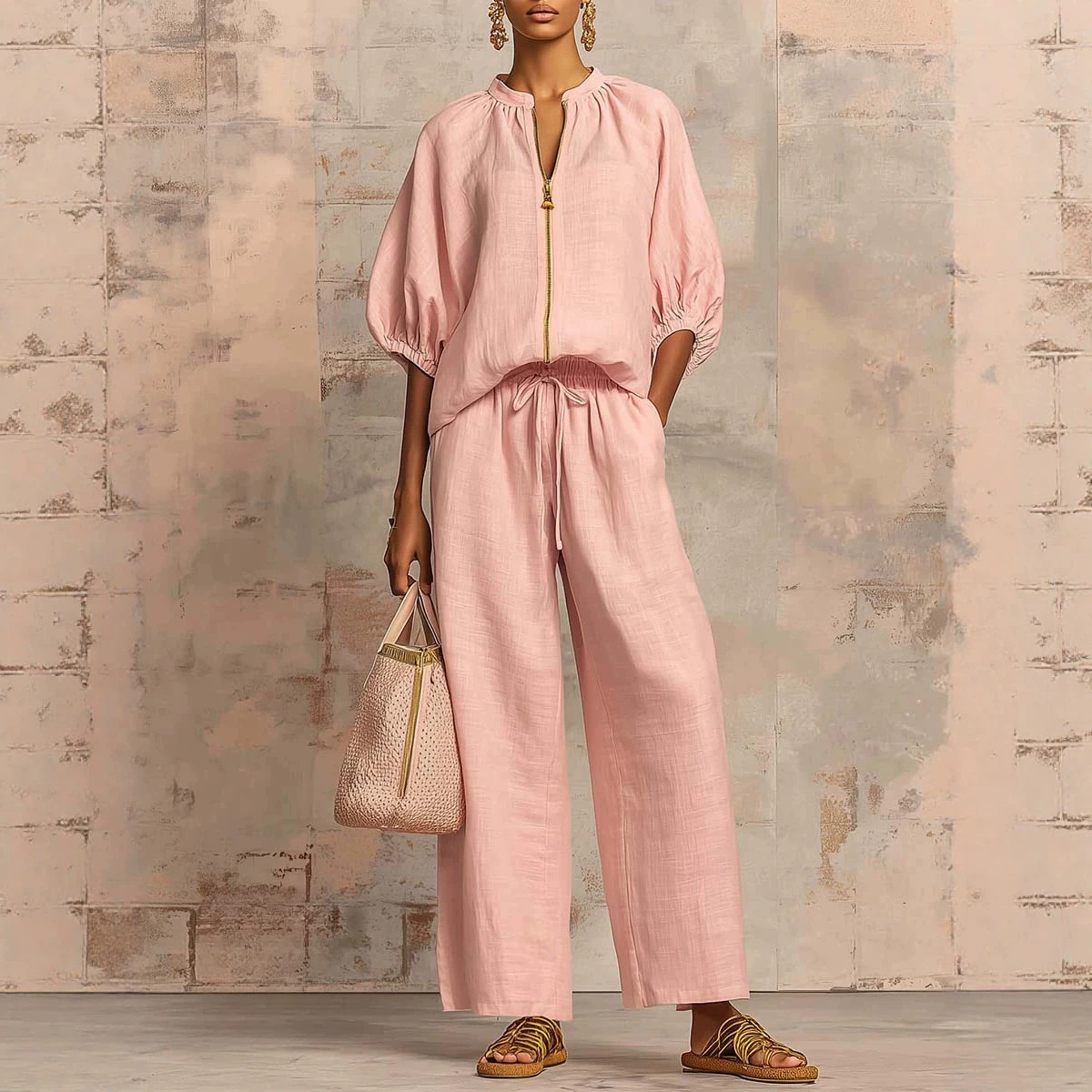 Elegant Solid Two-Piece Set: Crew Neck Mid-Sleeve Top & Wide-Leg Pants