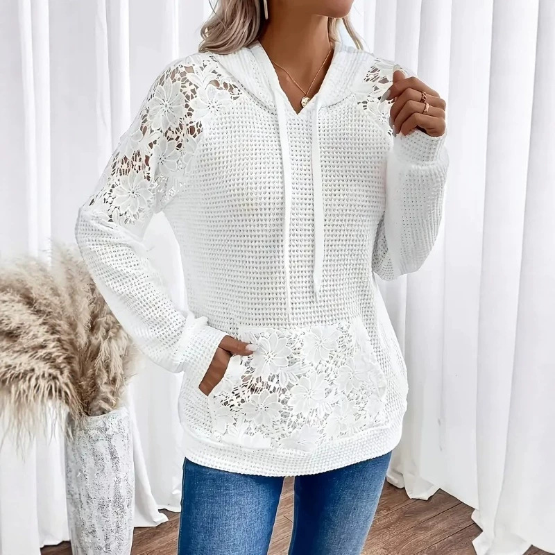 Elegant Women's Solid Lace Panel Long Sleeve T-Shirt Top