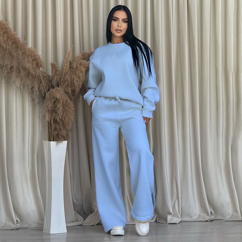 Women's Solid Crewneck Long Sleeve Wide-Leg Pants Set Casual Loose Fit