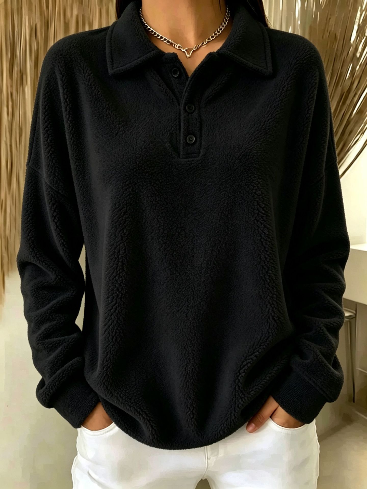 Fleece Buttoned Collar Long Sleeve Pullover Sweatshirt for Women