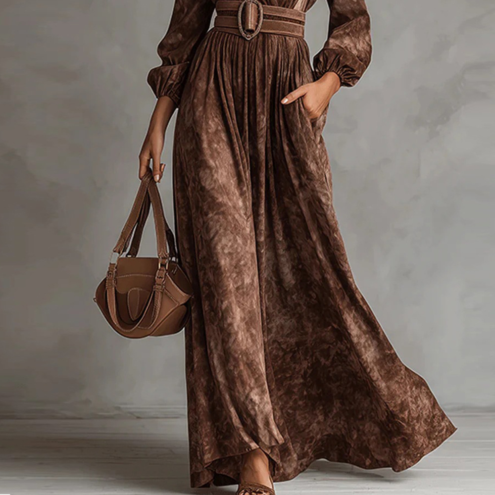 Women's V-Neck Long Sleeve Waist-Cinched A-Line Maxi Dress