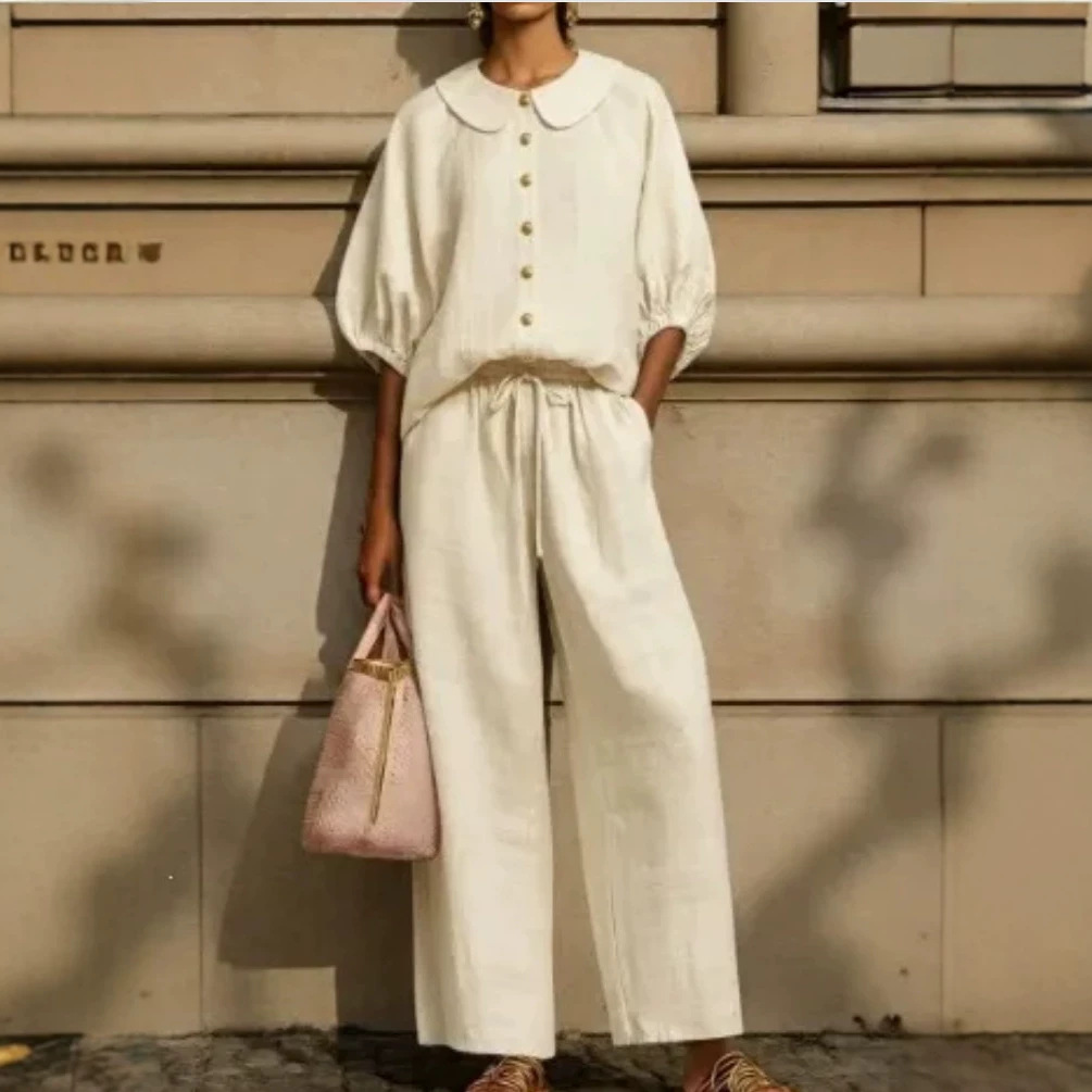 Women's Linen-Blend Collared Shirt and Wide-Leg Pants Set Casual Two-Piece