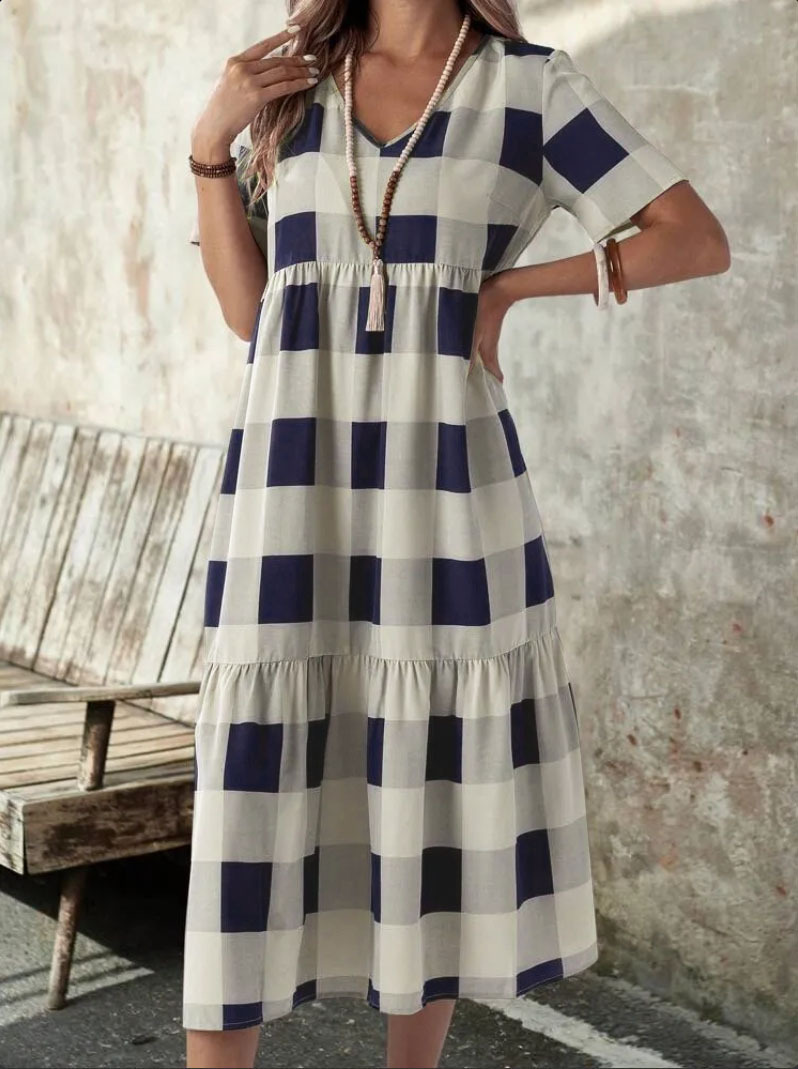 Plaid V-Neck Short Sleeve Maxi Dress