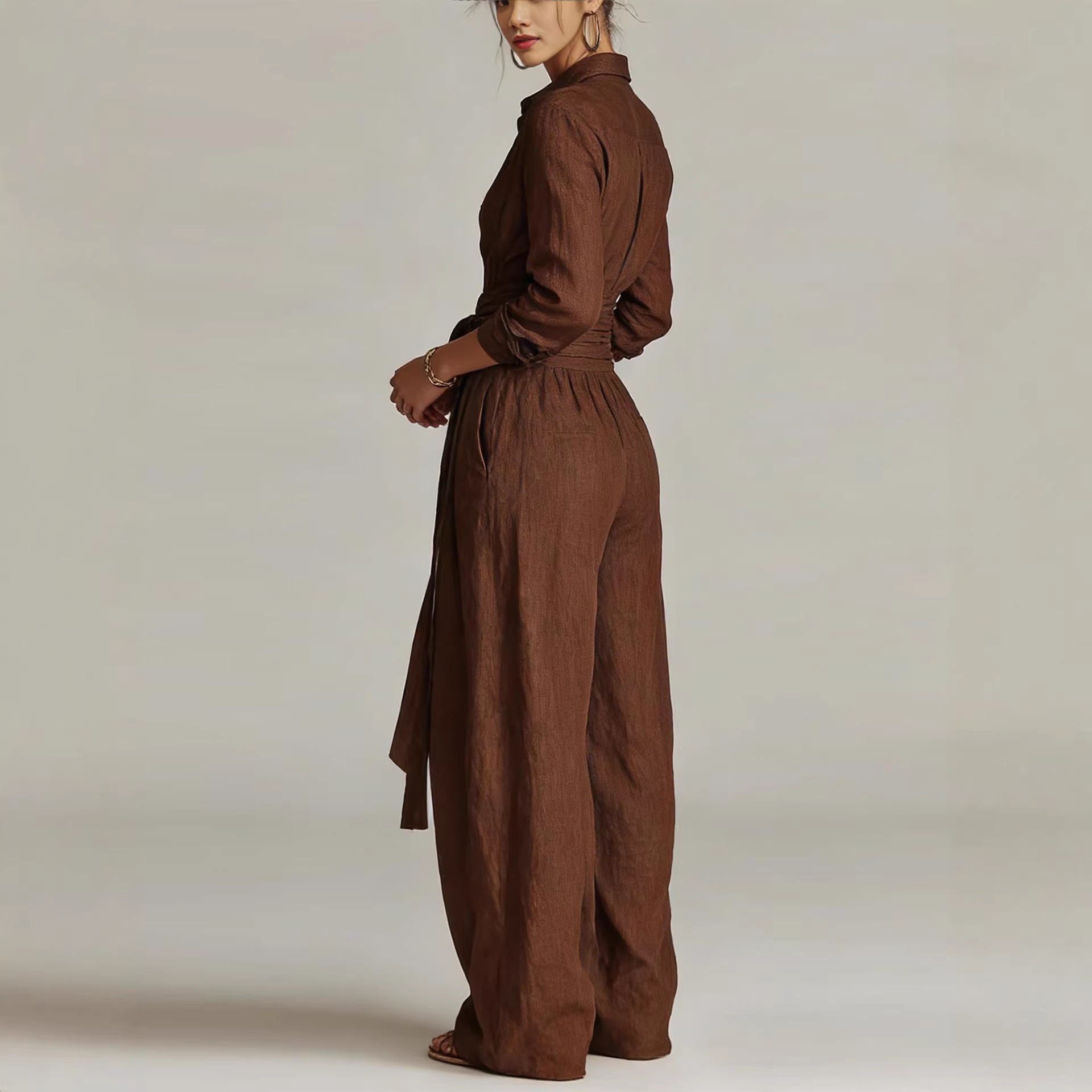 Solid Color High-Waist Tie-Waist Wide-Leg Jumpsuit