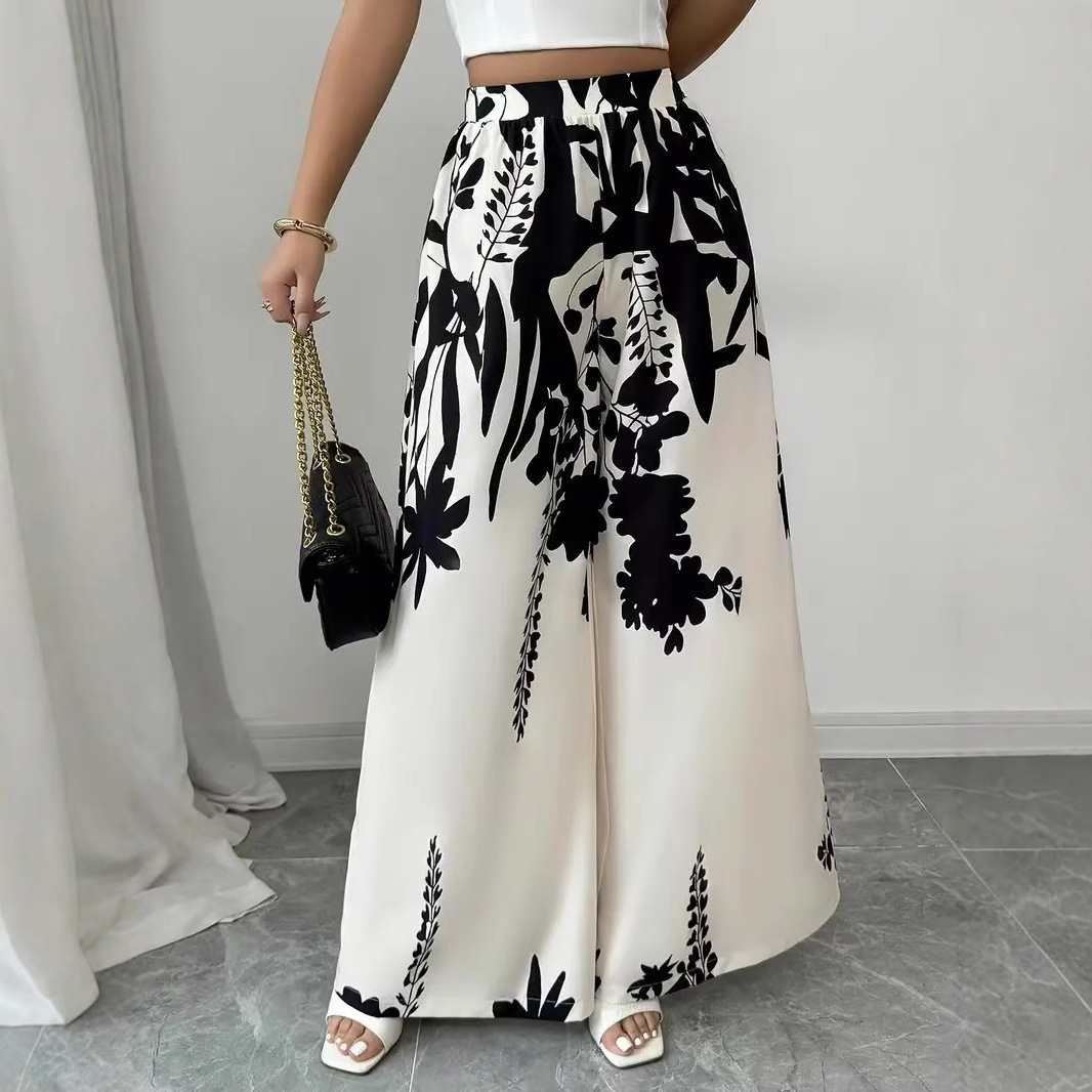 Black and White Floral Print Wide-Leg Pants for Women
