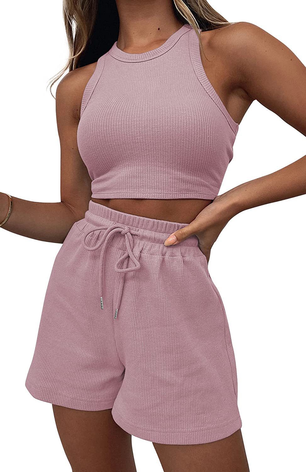 Women's Sleeveless Waffle Knit Two-Piece Set Solid Color Tank and Shorts