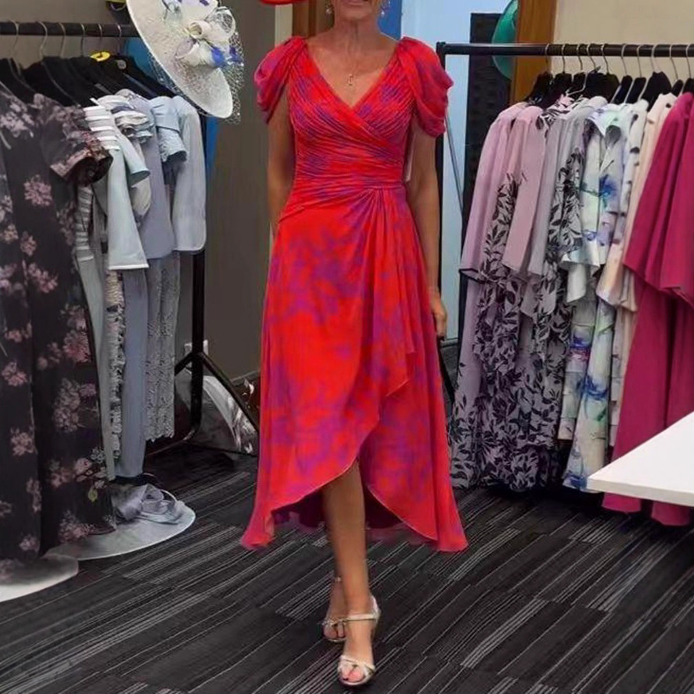 V-Neck Short Sleeve Cinched Waist Printed Casual Dress