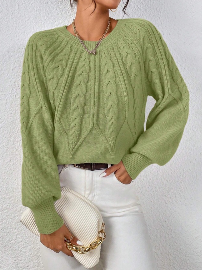 Women's Cable Knit Crewneck Pullover Sweater Solid Color Casual Top