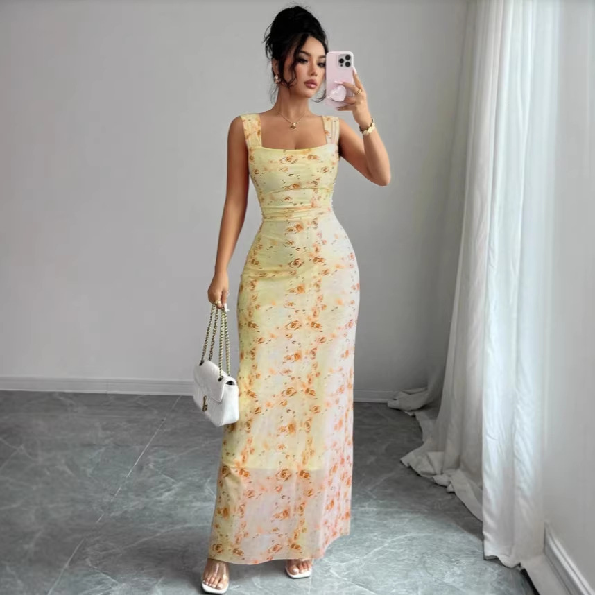 Slim-Fit Floral Print Sleeveless Long Dress