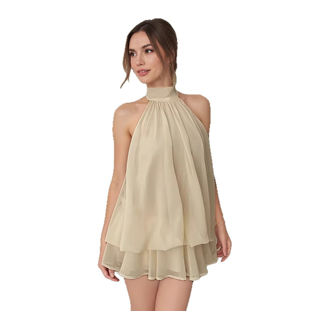 Solid Halter Neck Open Back Fitted Top Puff Skirt Mini Dress