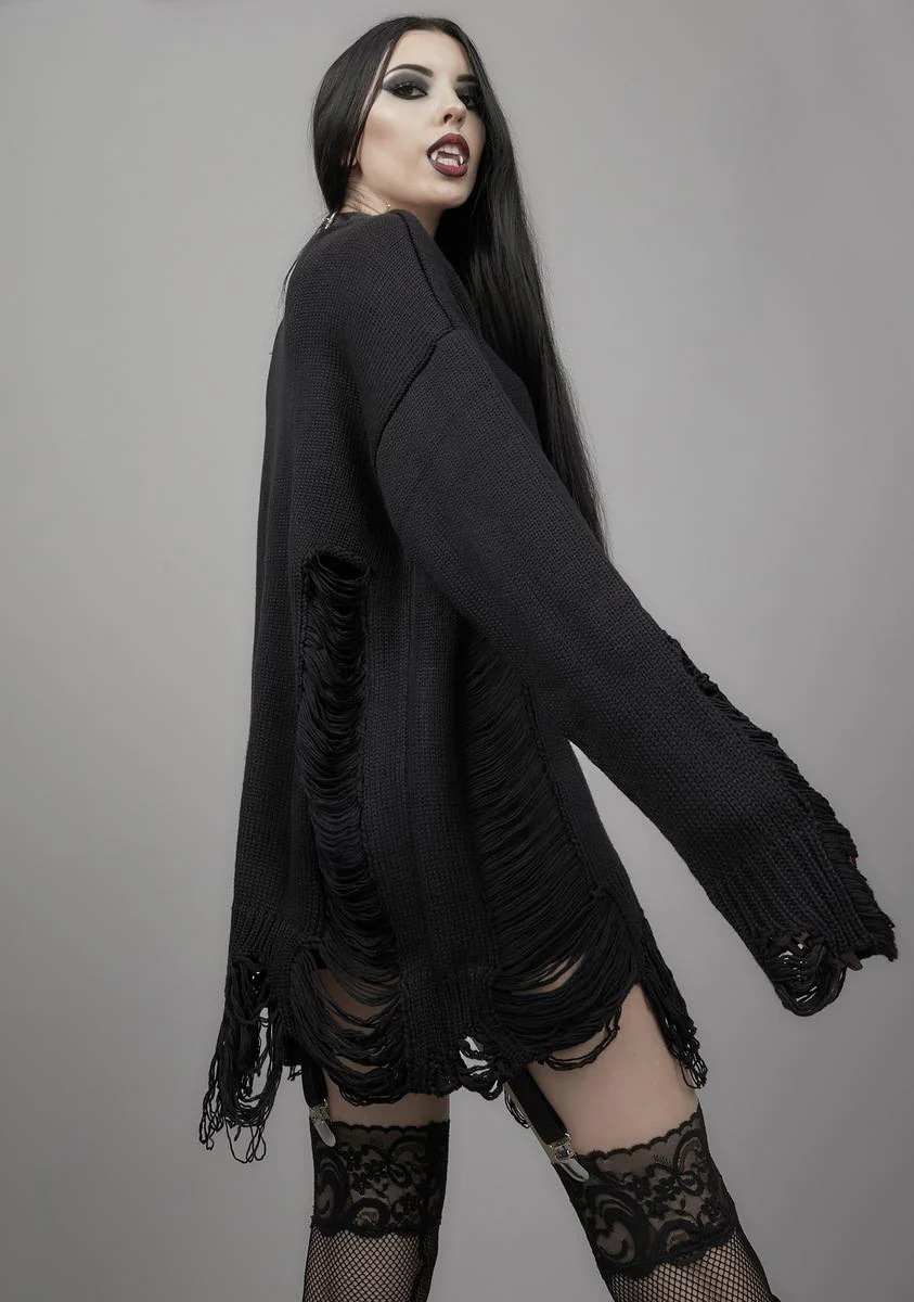 Women's Long Sleeve Cross Cutout Distressed Knit Sweater