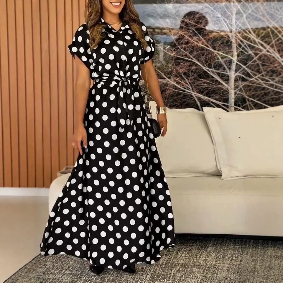 French Vintage Polka Dot Tie-Waist Midi Dress Coffee