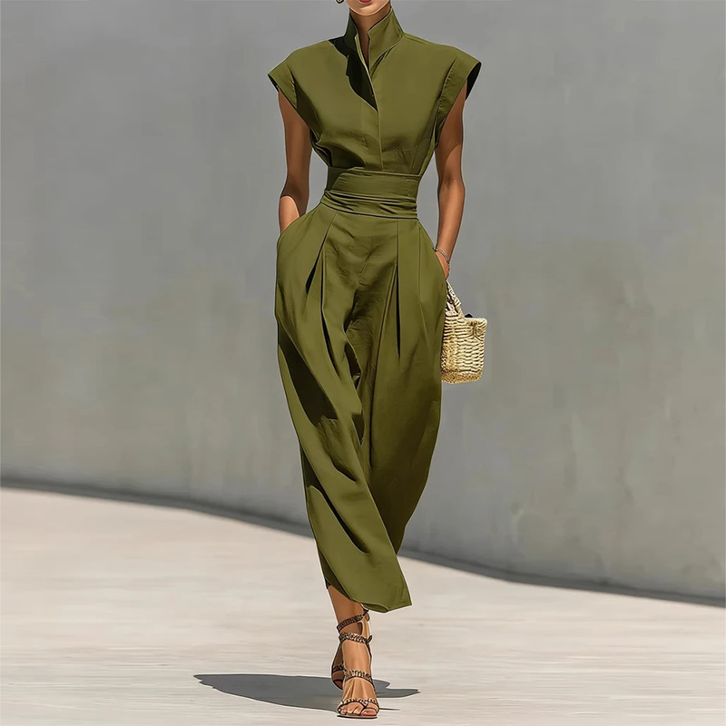Elegant Stand Collar Solid Color Flutter Sleeve Dress