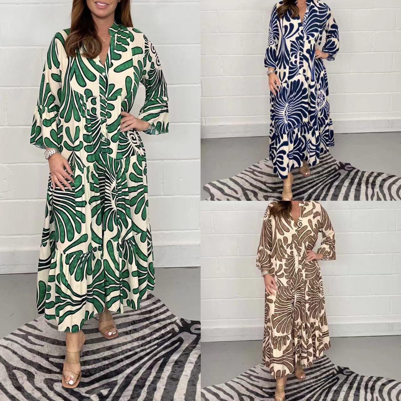 Women's Floral Print Loose Casual Dress with V-Neck and Seven-Sleeve