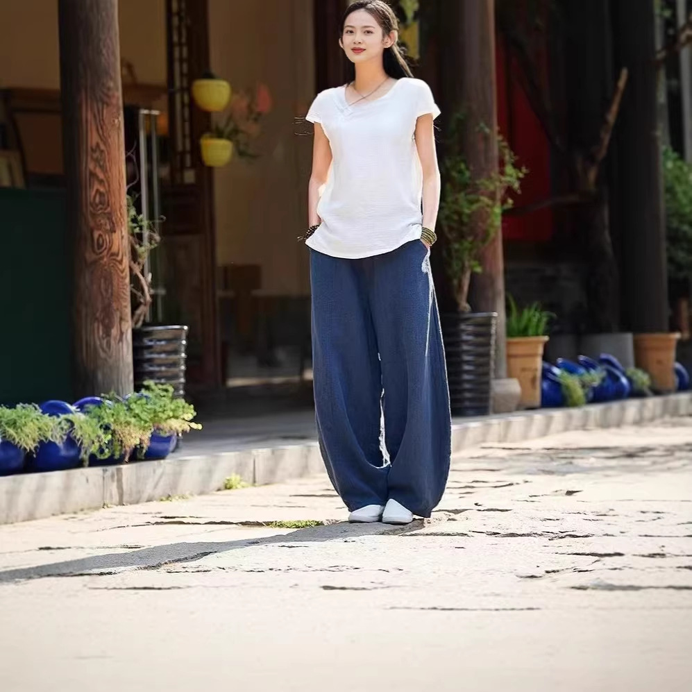 Women's Casual Lantern Pants with Pockets, Loose Slimming Ankle-Length
