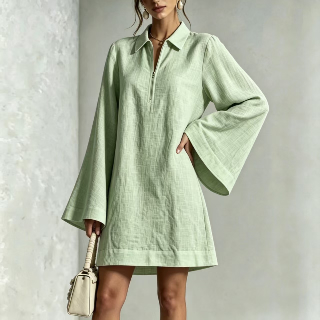 Solid Color Half-Zip Collared Loose Lightweight Long-Sleeve Casual Dress
