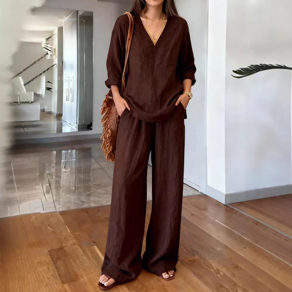 Women's Casual V-Neck Long-Sleeve Top and Pants Set Washed Cotton Multi-Color