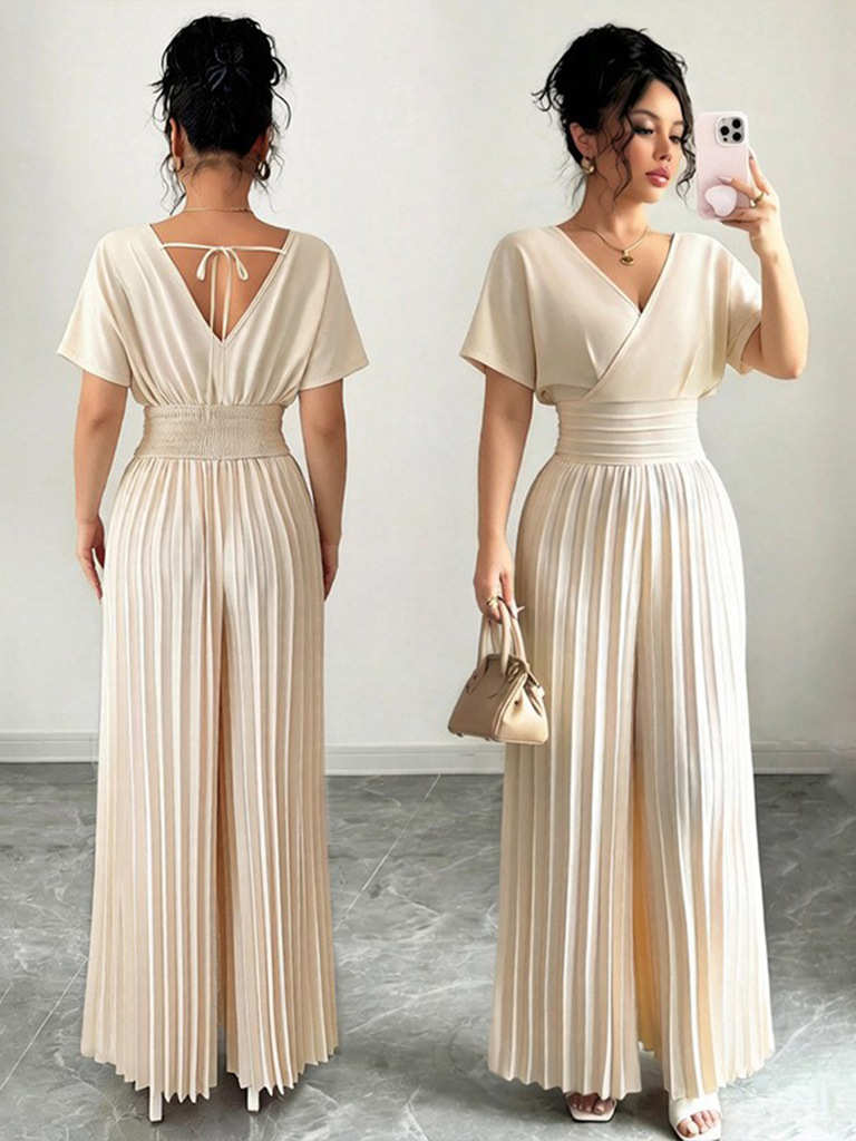 Elegant Solid V-Neck Pleated Waist-Defining Wide-Leg Jumpsuit