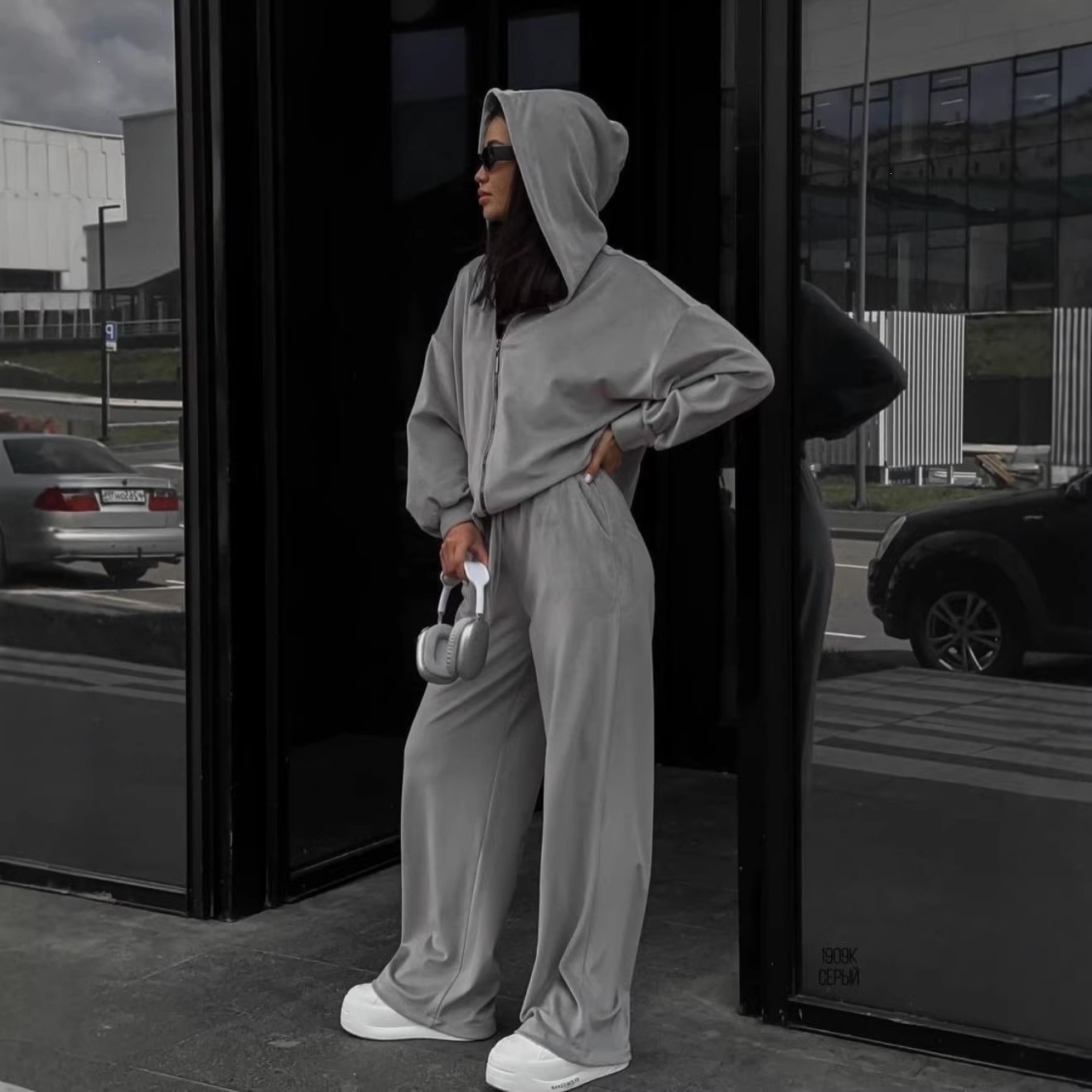 Women's Solid Color Hooded Zip Cardigan & Wide-Leg Pants Set