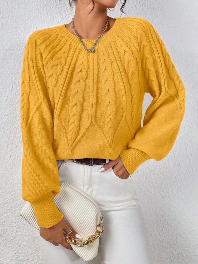 Women's Cable Knit Crewneck Pullover Sweater Solid Color Casual Top