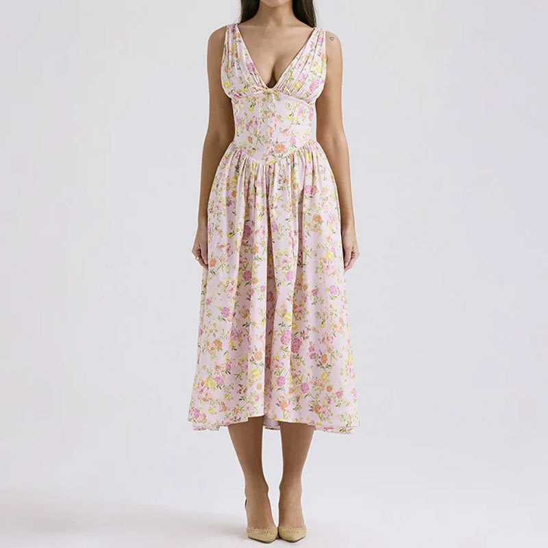 Elegant Open-Back Floral Print High-Waist Long Dress