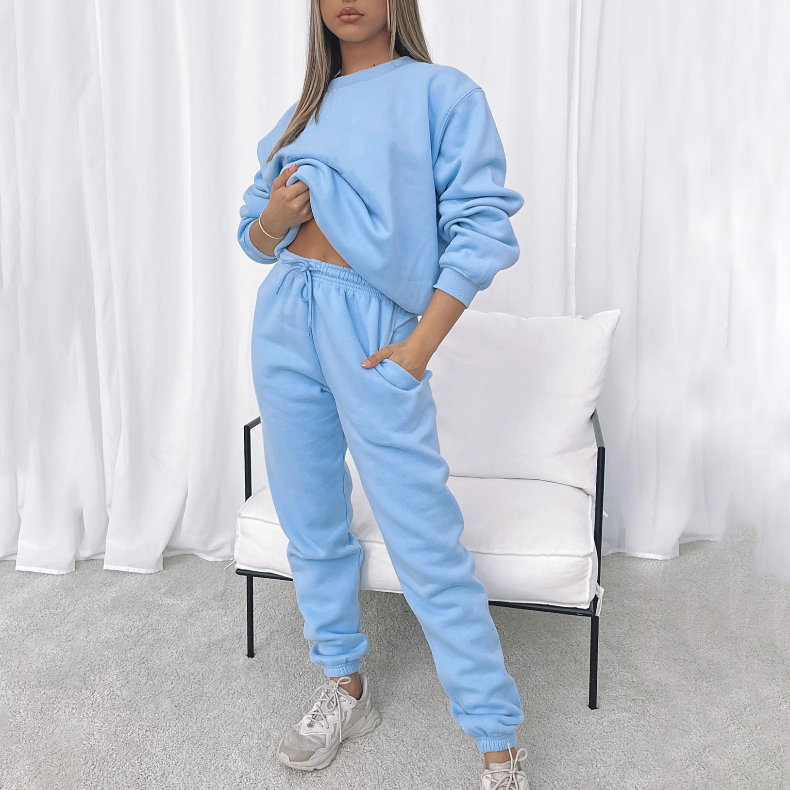 Women's Solid Color Crewneck Long Sleeve Sweatshirt and Pants Set