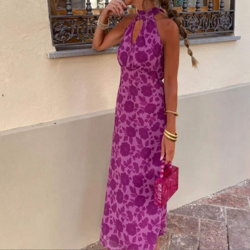 Women's Botanical Print Long Dress – Elegant Loose A-Line High-Waist Long-Sleeve
