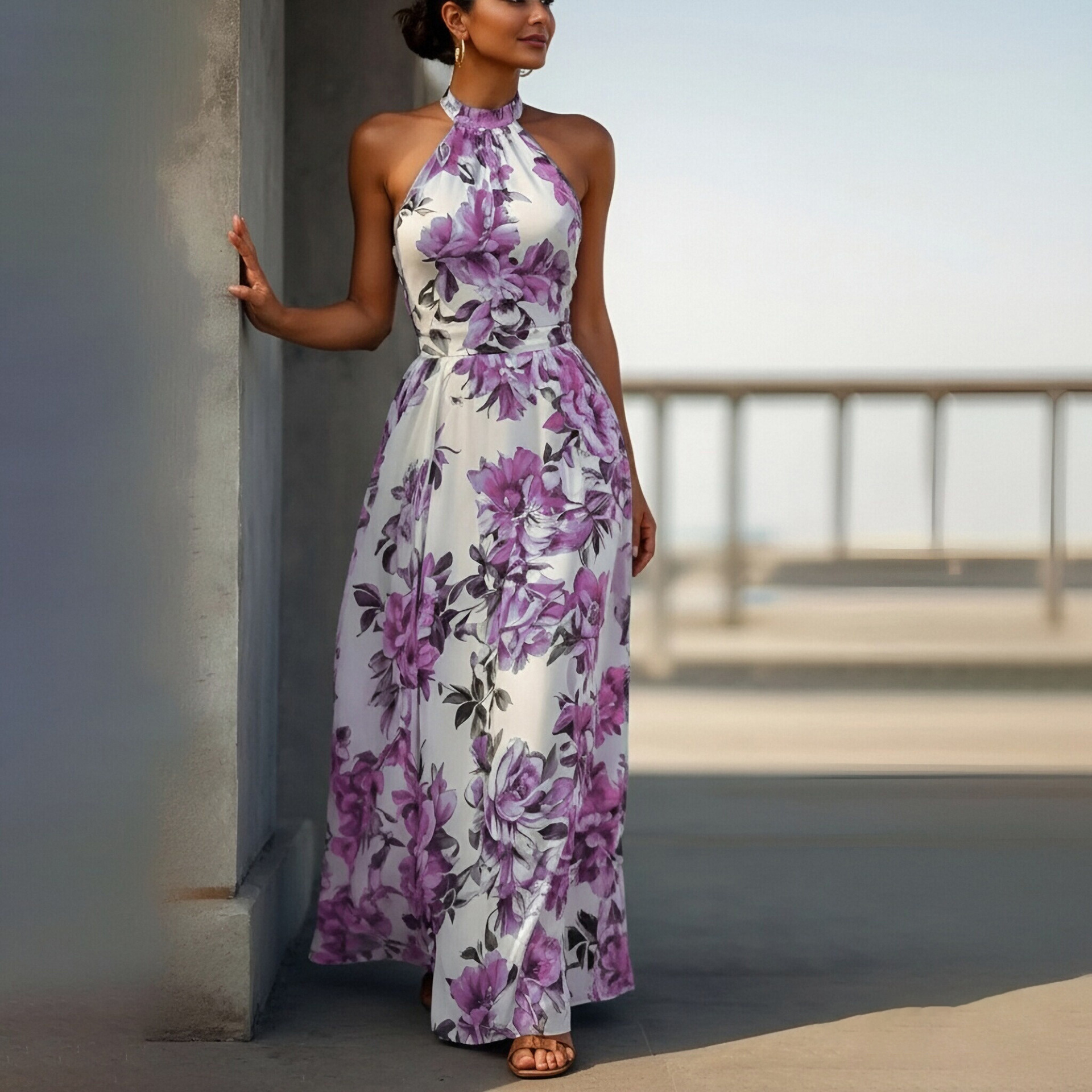 Elegant Halter Neck Sleeveless Floral Print Dress with Waist