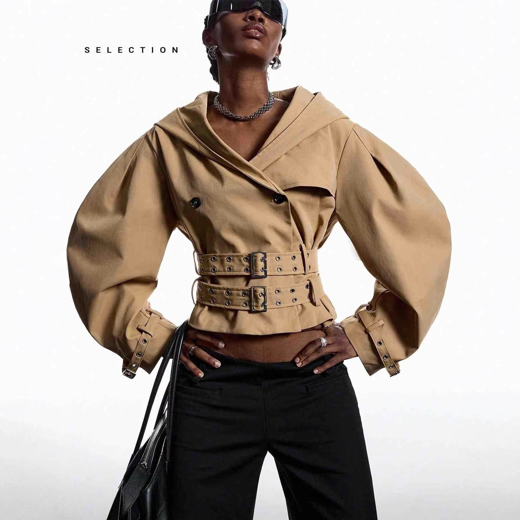 Women's Double-Breasted Cinched Waist Jacket with Large Lapel