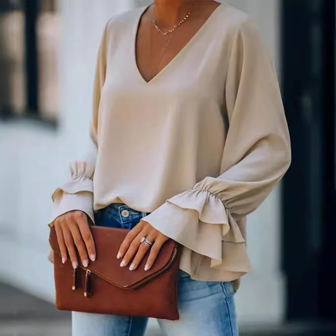 Women's Casual Loose Solid V-Neck Long Sleeve T-Shirt Top