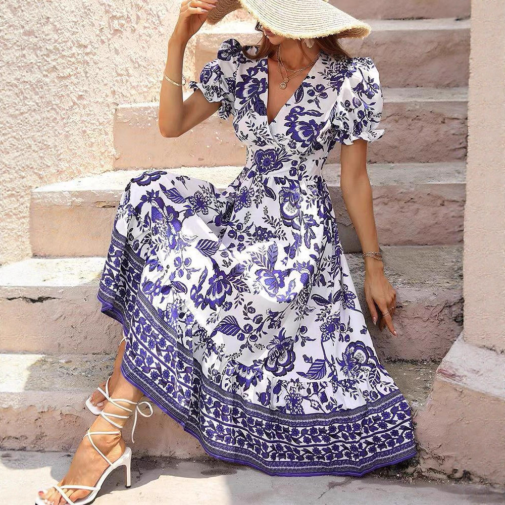 Elegant Floral Print V-Neck Bubble Sleeve Maxi Dress