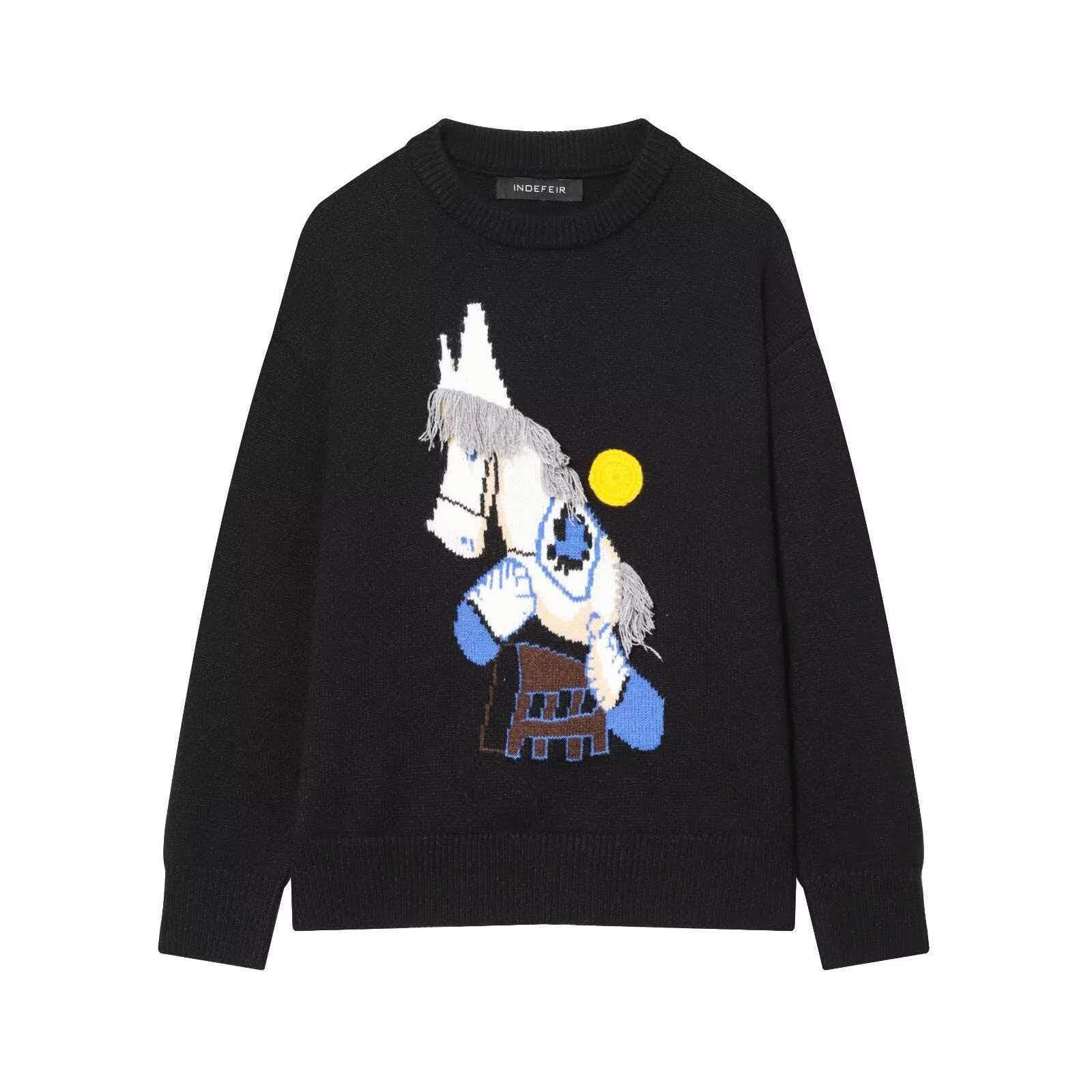 Women's Heavyweight Embroidered Pony Knit Sweater Crewneck Pullover