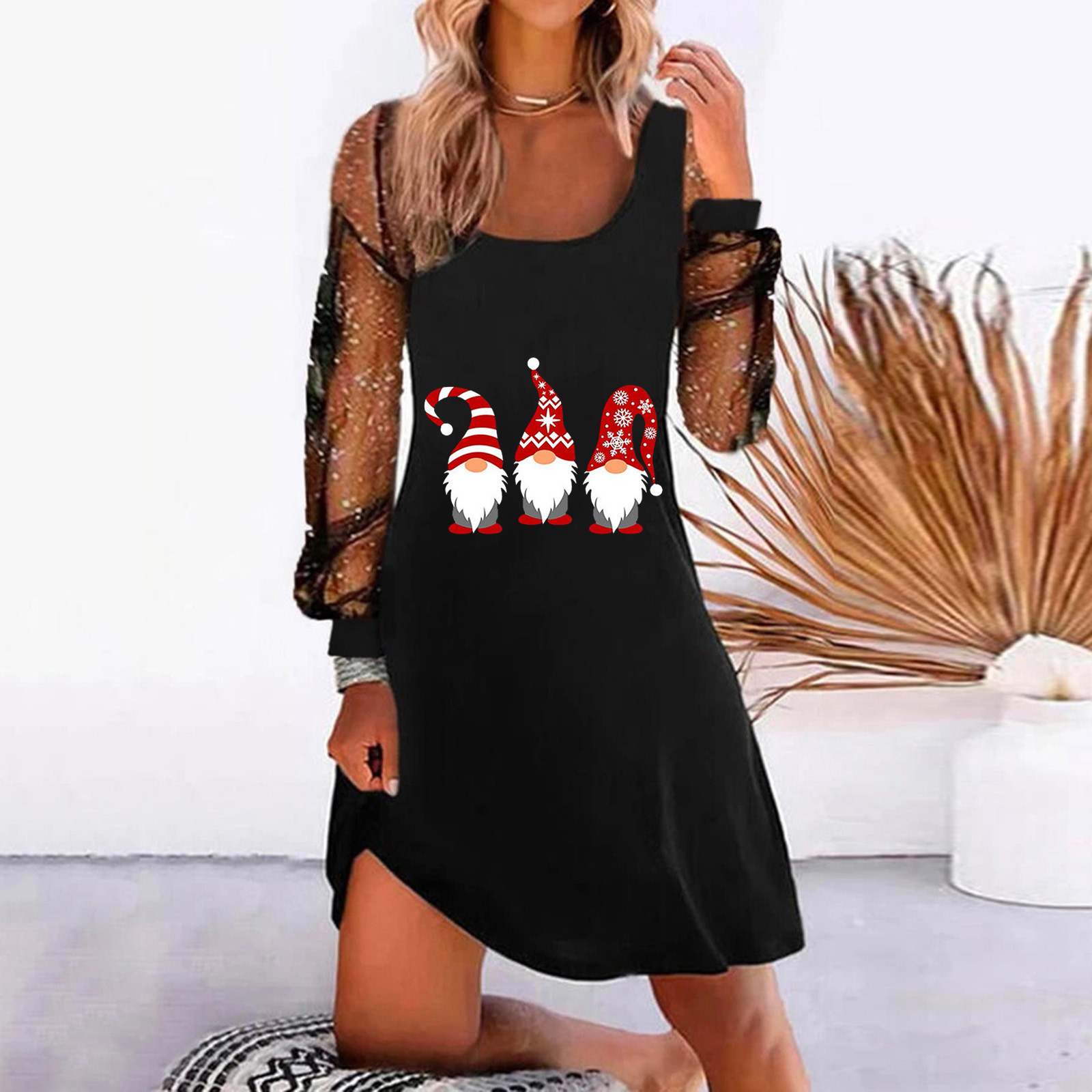 Christmas Print Mesh Panel Dress Women's Long Sleeve A-Line Midi