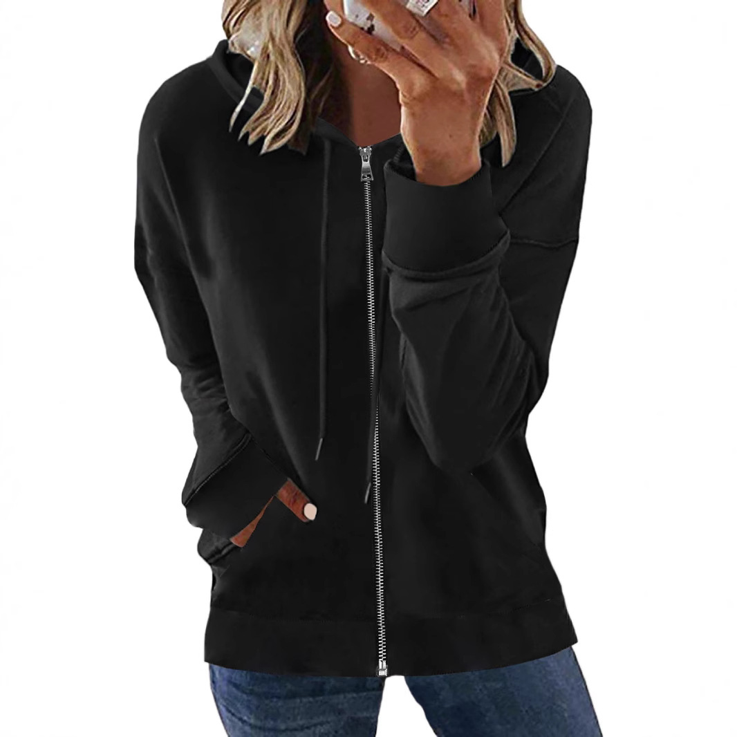 Zip-Up Hooded Cardigan Casual Solid Color