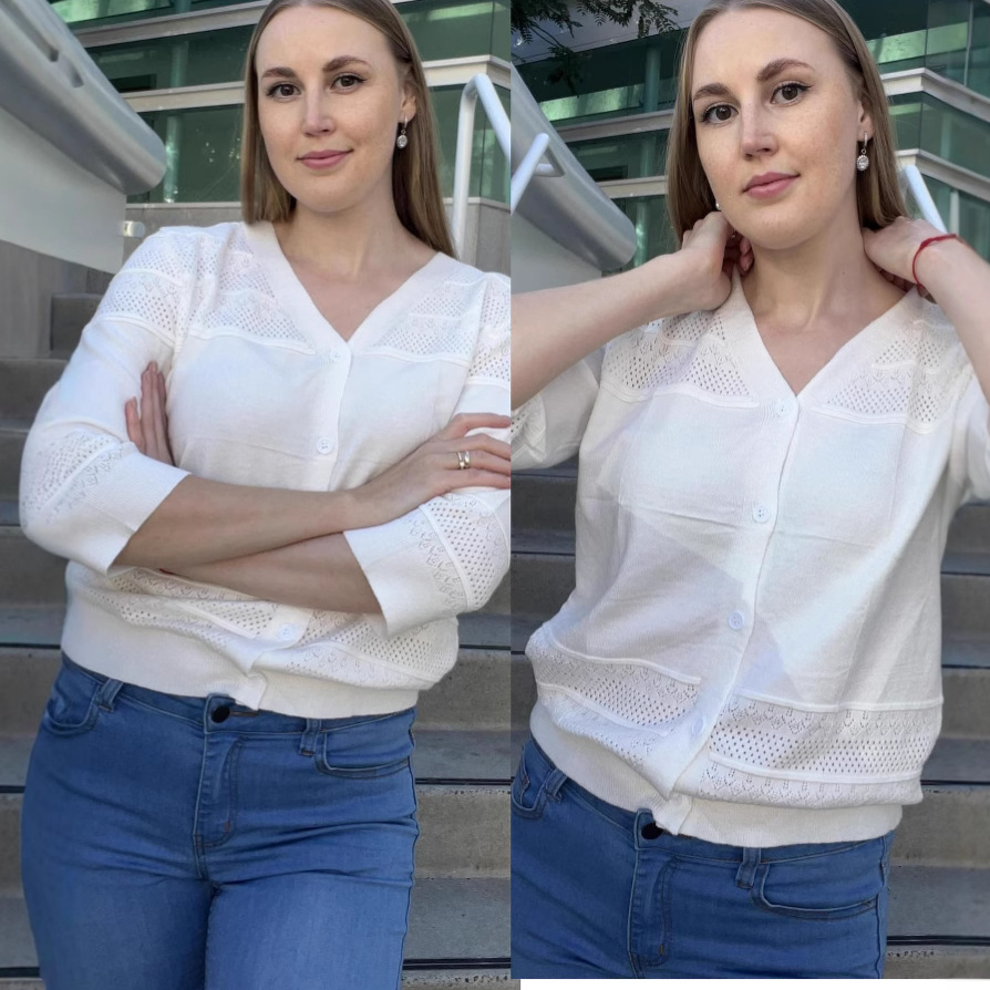 Women's Lightweight Openwork Knit V-Neck Cardigan with Three-Quarter Sleeves