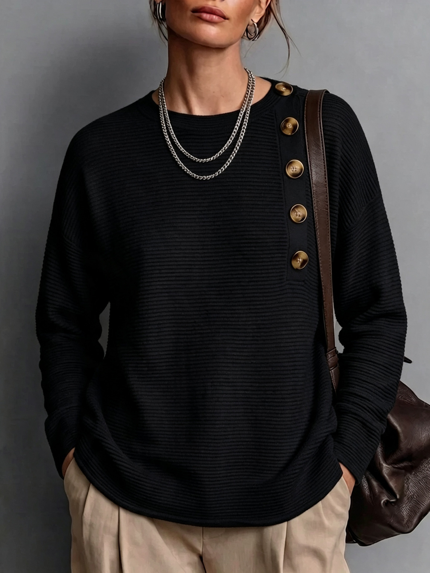 Women's Solid Button Knit Shirt Long Sleeve Crew Neck Loose Fit