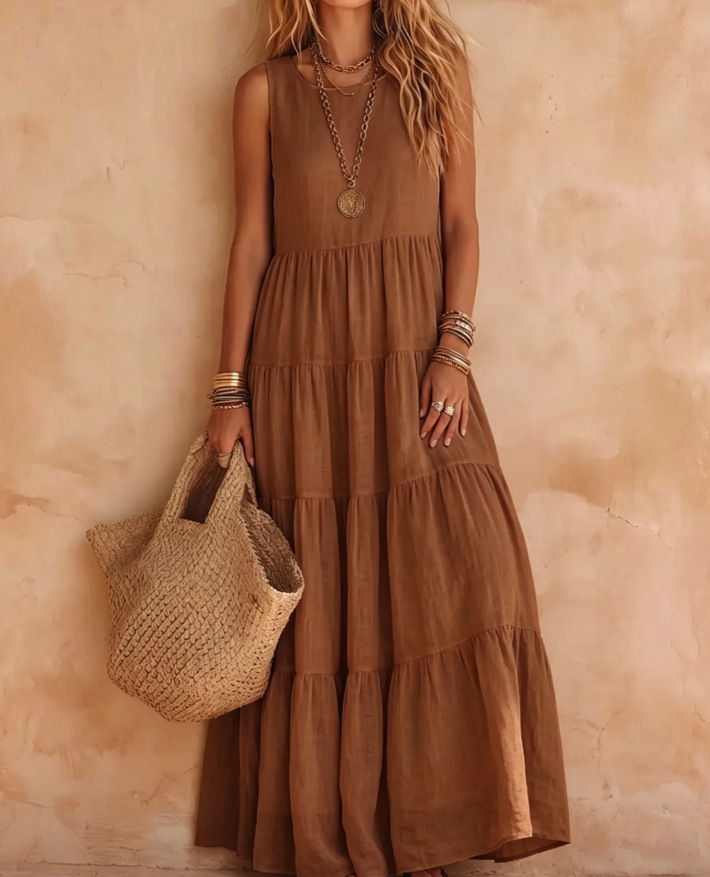 Solid Sleeveless Plus Size Maxi Dress with Round Neck and Shirred Details